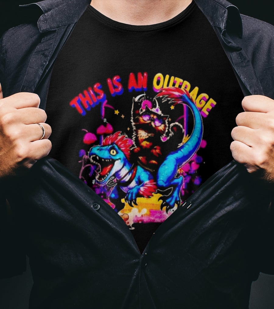 This Is An Outrage Cat Riding Blue Raptor Dinosaur Jurassic T-Shirt