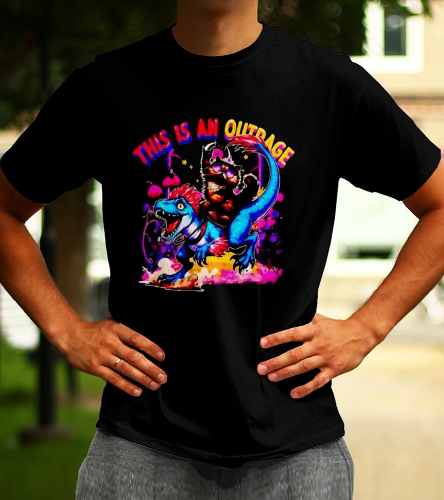 This Is An Outrage Cat Riding Blue Raptor Dinosaur Jurassic T-Shirt