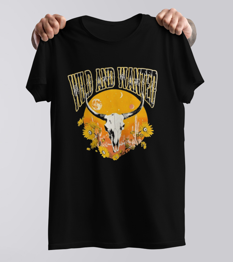 Wild And Wanted Bull Skull Sun Moon Desert Cactus Flowers Western Boho T-Shirt