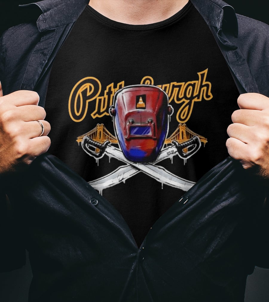 Pittsburgh Welding Mask Crossed Swords Bridge City Steel Construction Cone T-Shirt