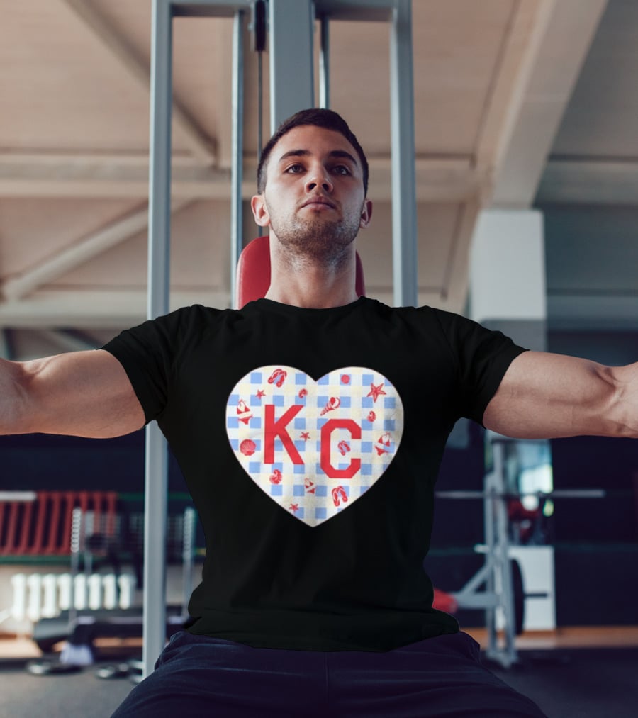 KC Heart Summertime Oatmeal Checkered Seashells And Starfish T-Shirt