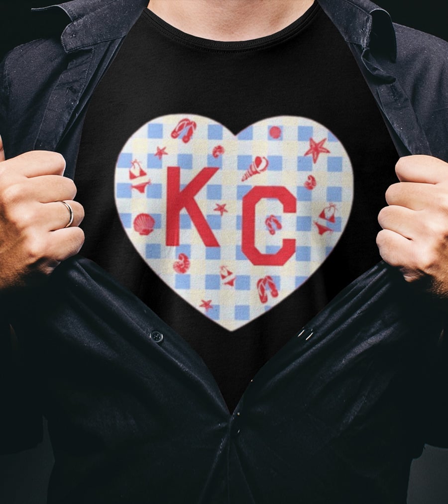 KC Heart Summertime Oatmeal Checkered Seashells And Starfish T-Shirt