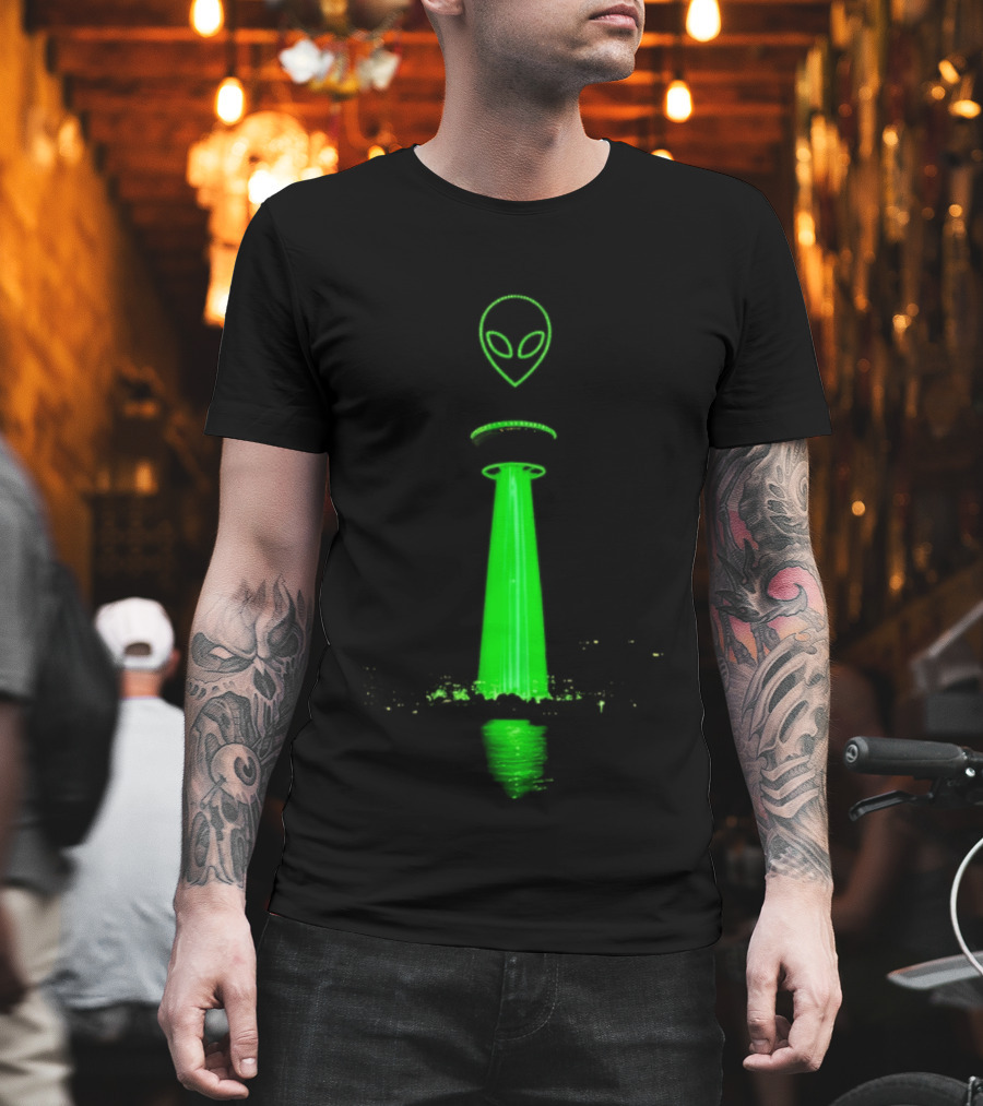 Victor Wamby Alien Spaceship Calgary Tower Abduction UFO Green Glow T-Shirt