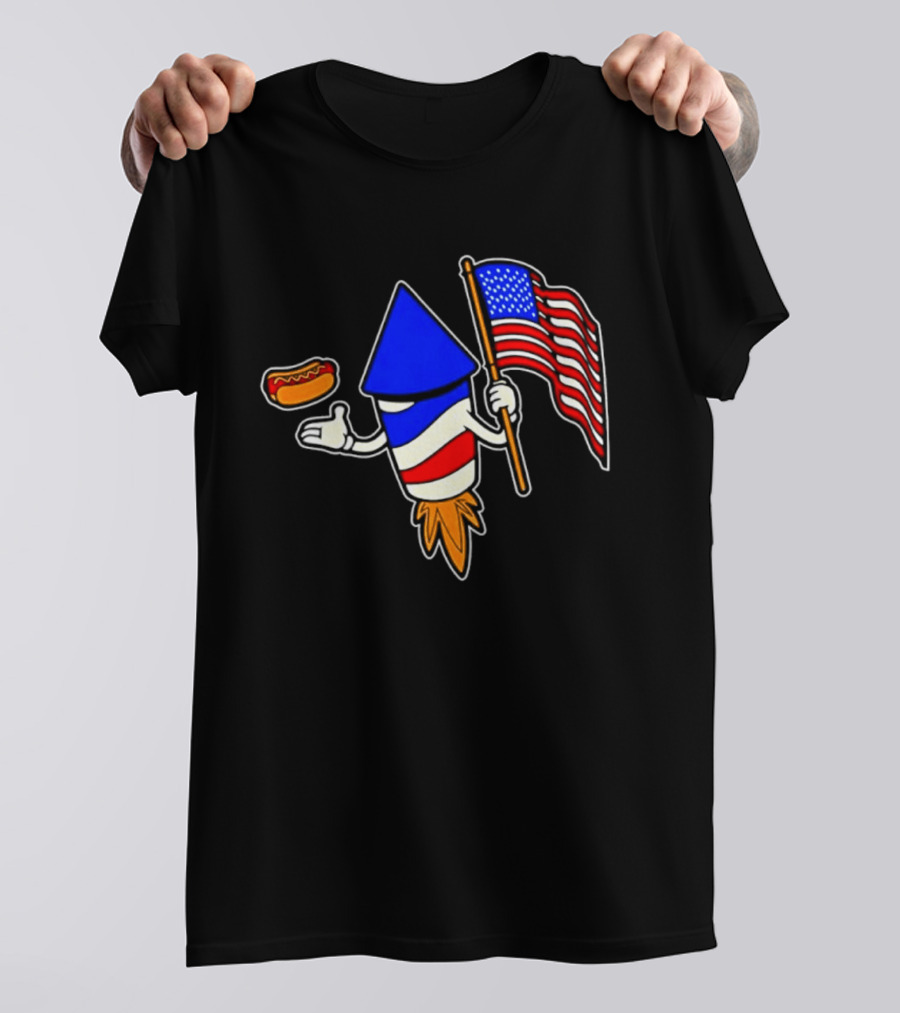 Fireworks Rocket American Flag And Hot Dog Celebration T-Shirt