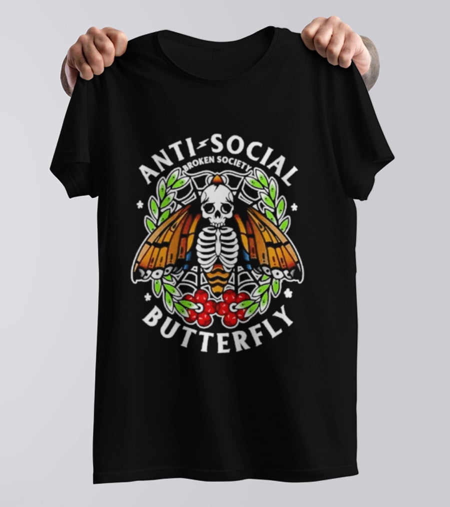Anti Social Butterfly Broken Society Skull Moth T-Shirt