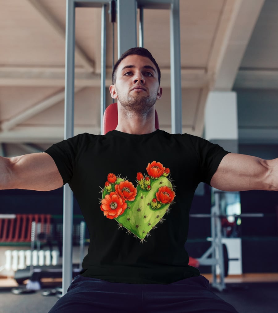 Heart Shaped Cactus With Vibrant Red Flowers T-Shirt