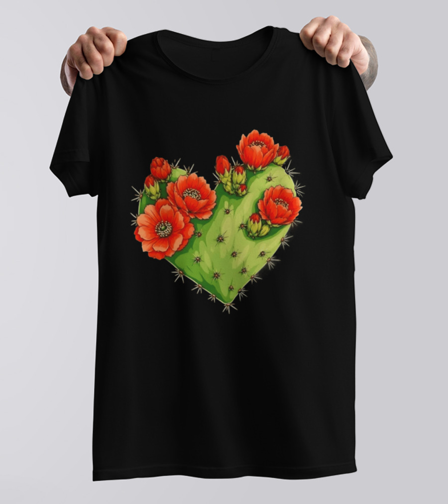 Heart Shaped Cactus With Vibrant Red Flowers T-Shirt