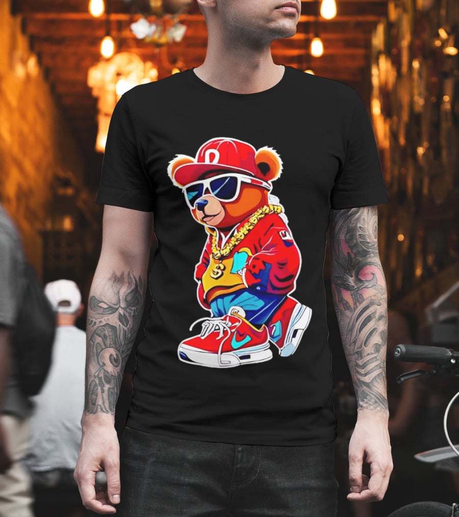 Hip Hop Teddy Bear Swag With Red Cap And Sunglasses T-Shirt