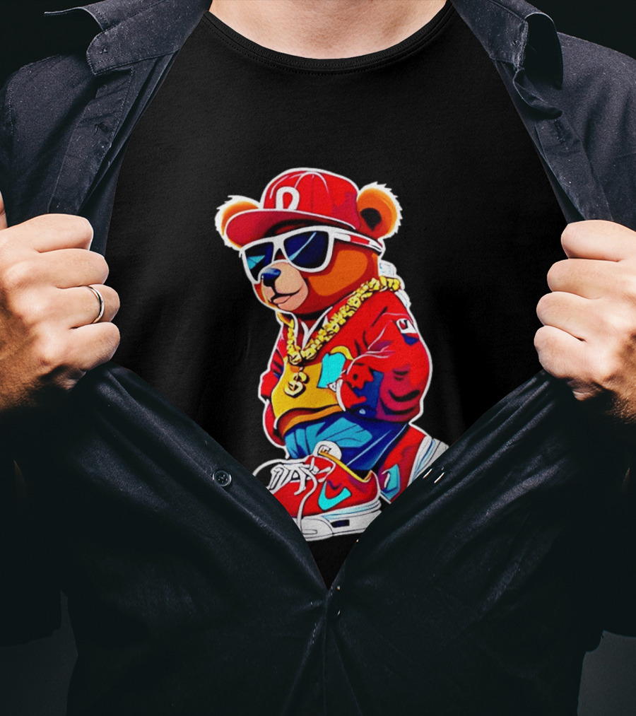 Hip Hop Teddy Bear Swag With Red Cap And Sunglasses T-Shirt