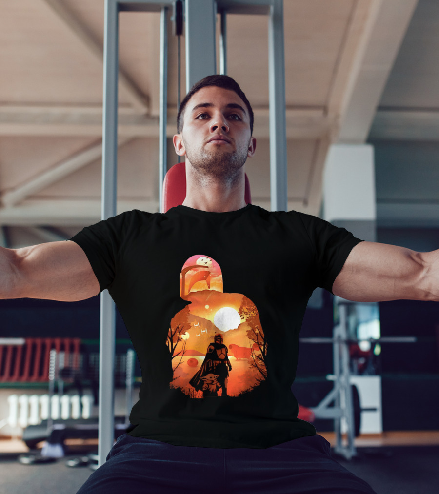Hunting Companions Bounty Hunter Sunset Mandalorian Grogu Art By Dandingeroz T-Shirt