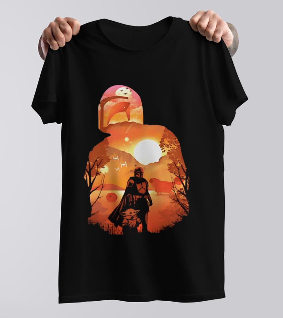 Hunting Companions Bounty Hunter Sunset Mandalorian Grogu Art By Dandingeroz T-Shirt