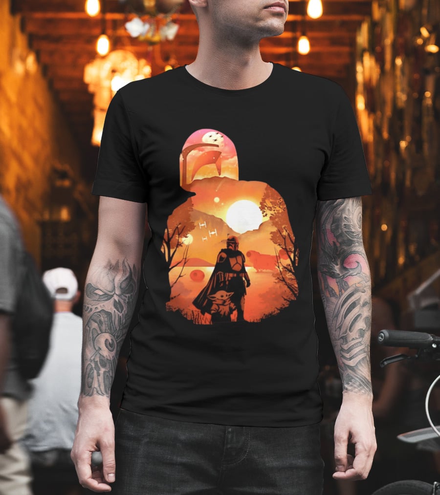 Hunting Companions Bounty Hunter Sunset Mandalorian Grogu Art By Dandingeroz T-Shirt