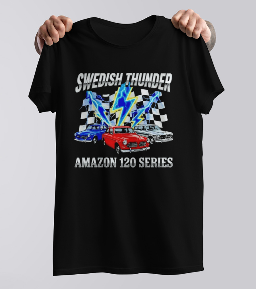 Swedish Thunder Amazon 120 Series Classic Car With Lightning And Checkered Flags T-Shirt