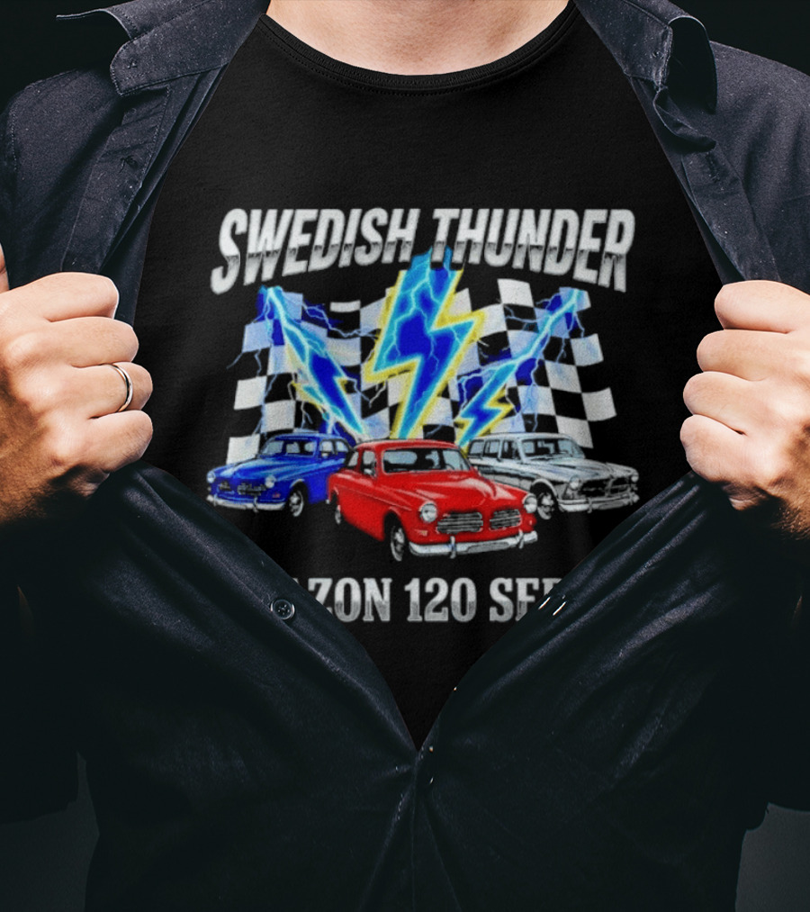 Swedish Thunder Amazon 120 Series Classic Car With Lightning And Checkered Flags T-Shirt