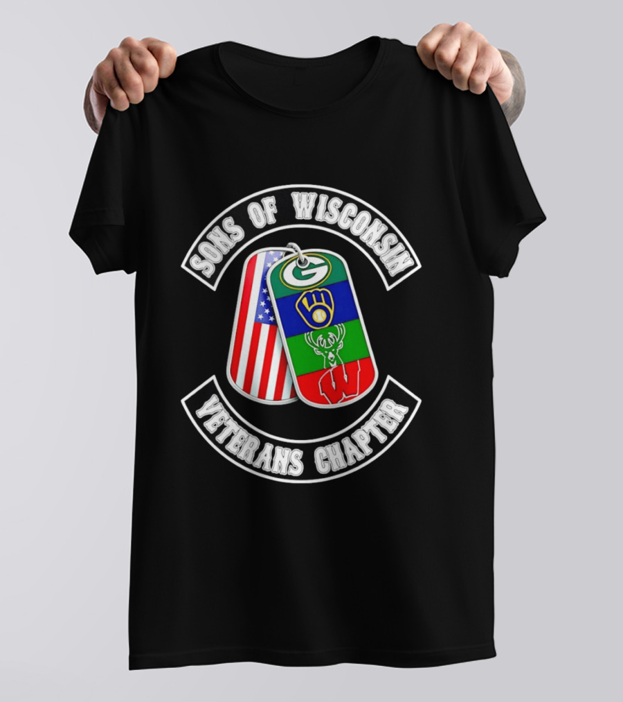 Sons Of Wisconsin Veterans Chapter Green Bay Packers Milwaukee Brewers Milwaukee Bucks Badgers American Flag Dog Tags T-Shirt