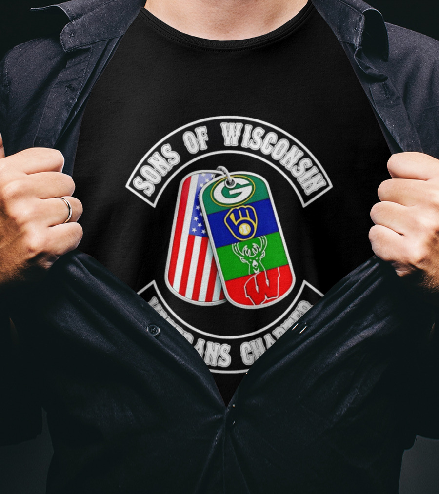 Sons Of Wisconsin Veterans Chapter Green Bay Packers Milwaukee Brewers Milwaukee Bucks Badgers American Flag Dog Tags T-Shirt