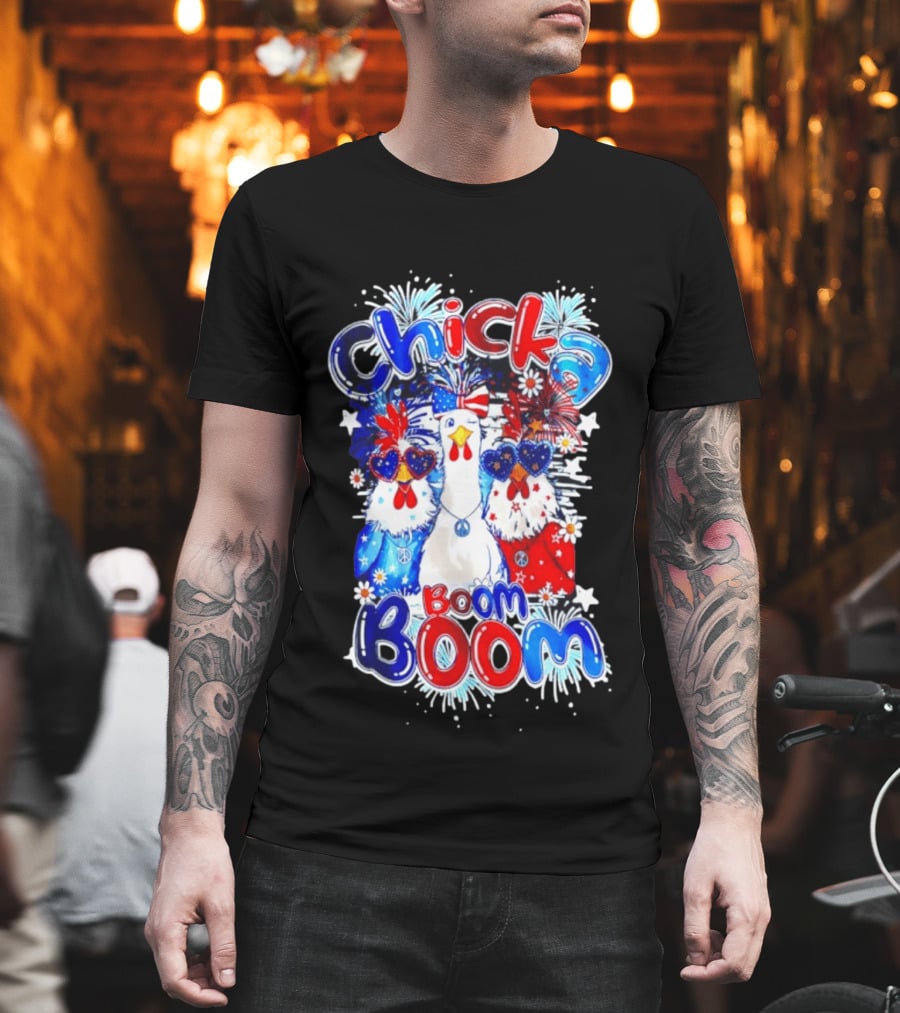 Chicka Boom Boom Patriotic Chickens With Headbands And Peace Signs T-Shirt