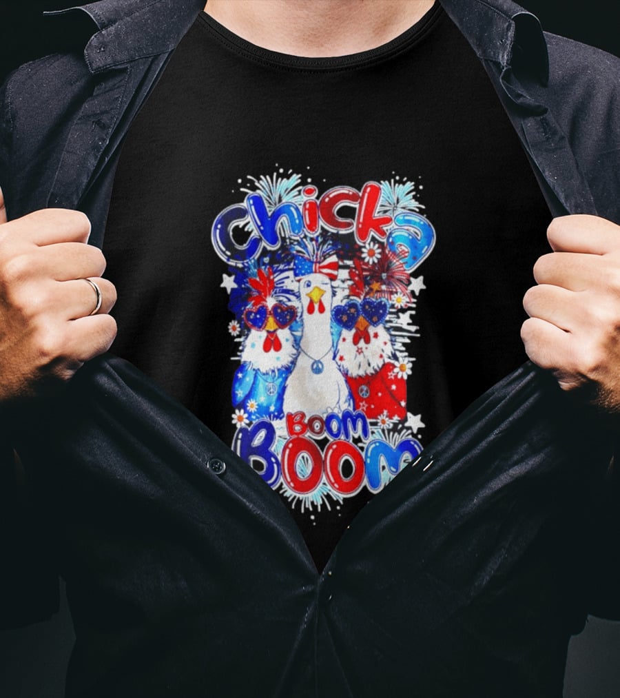 Chicka Boom Boom Patriotic Chickens With Headbands And Peace Signs T-Shirt