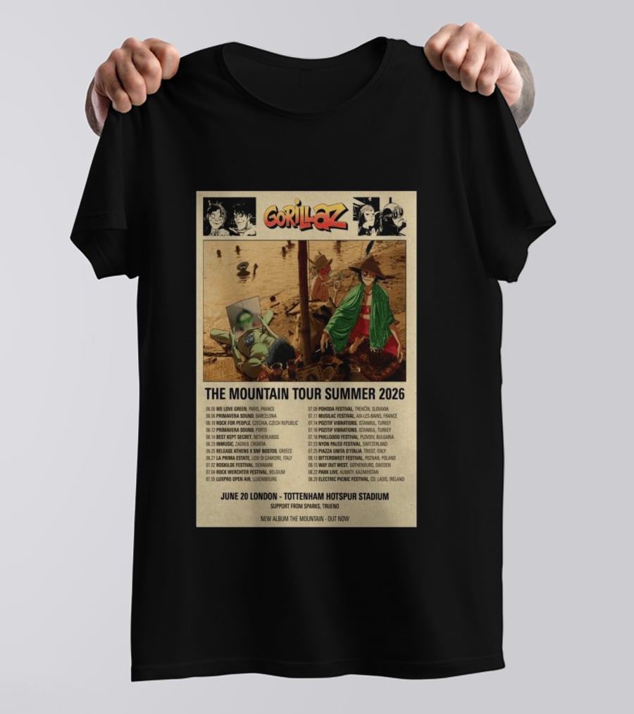 Gorillaz We Love Green Paris June 05 2026 The Mountain Tour T-Shirt
