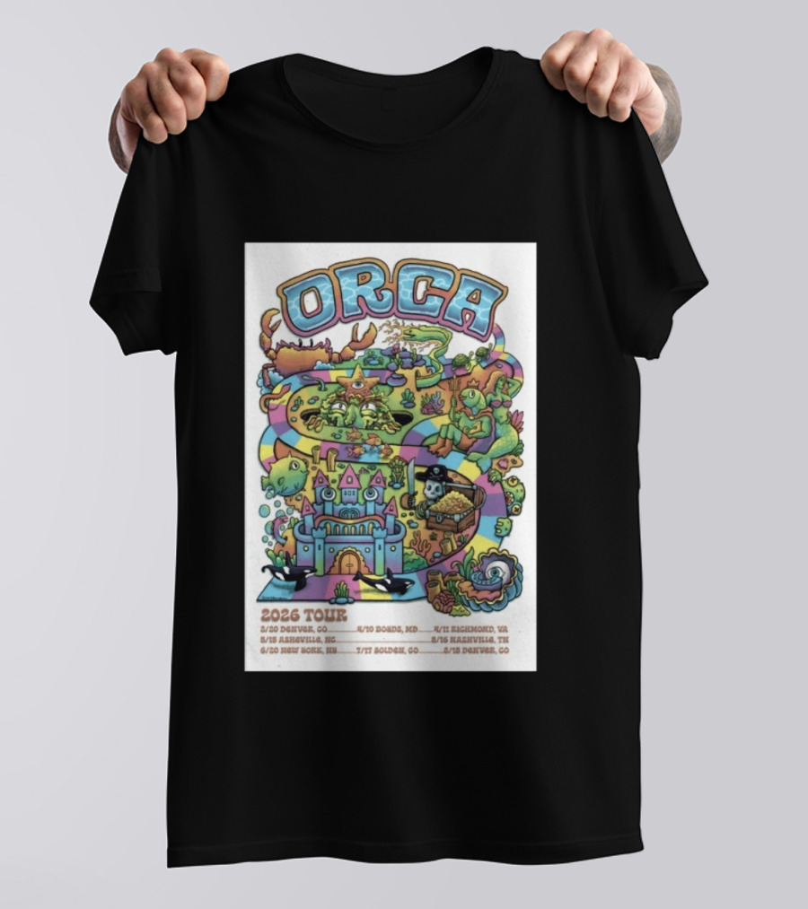 ORCA 2026 Tour Colorful Adventure Map Denver Asheville New York Boise Richmond Nashville Golden T-Shirt