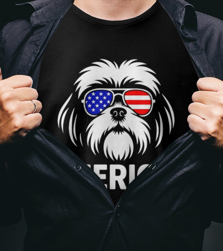 Shih Tzu Dog 'Merica American Flag Sunglasses T-Shirt