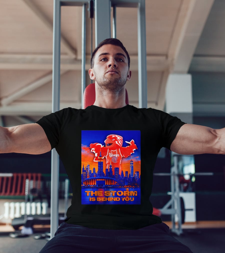 St John's University Red Storm Mascot With New York City Skyline The Storm Is Behind You T-Shirt