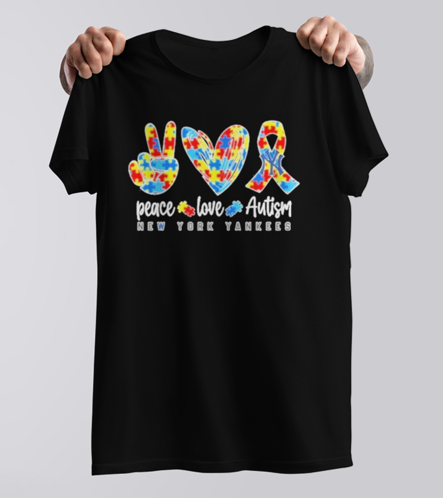 New York Yankees Peace Love Autism Puzzle Ribbon T-Shirt
