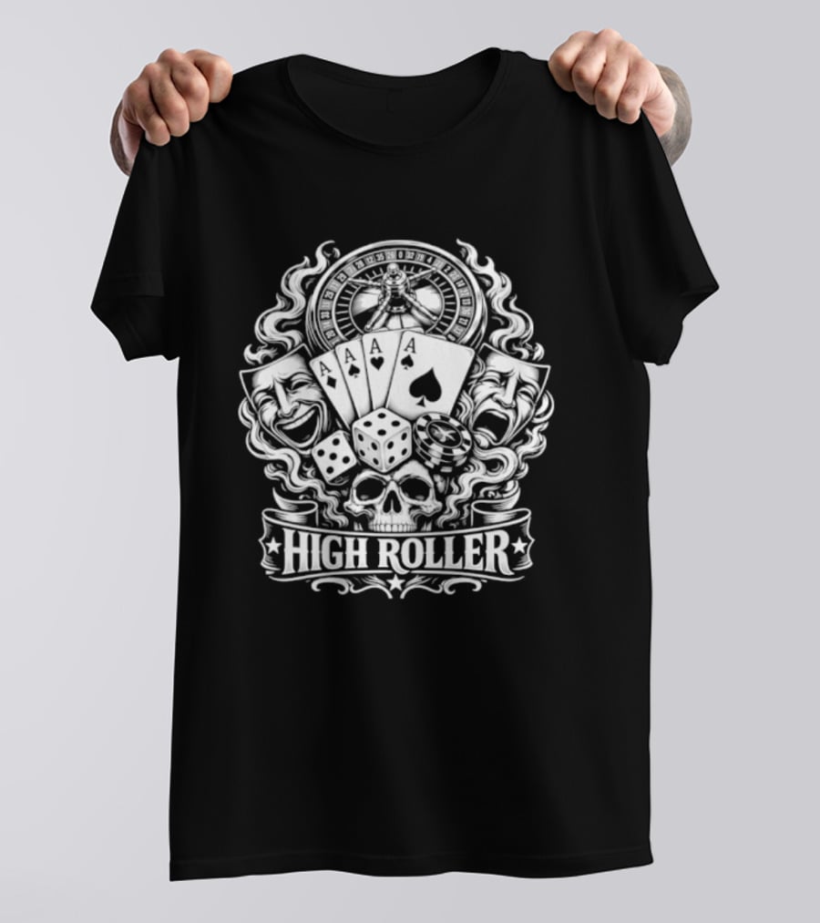 High Roller Roulette Cards Dice Skull Poker Casino Luck T-Shirt
