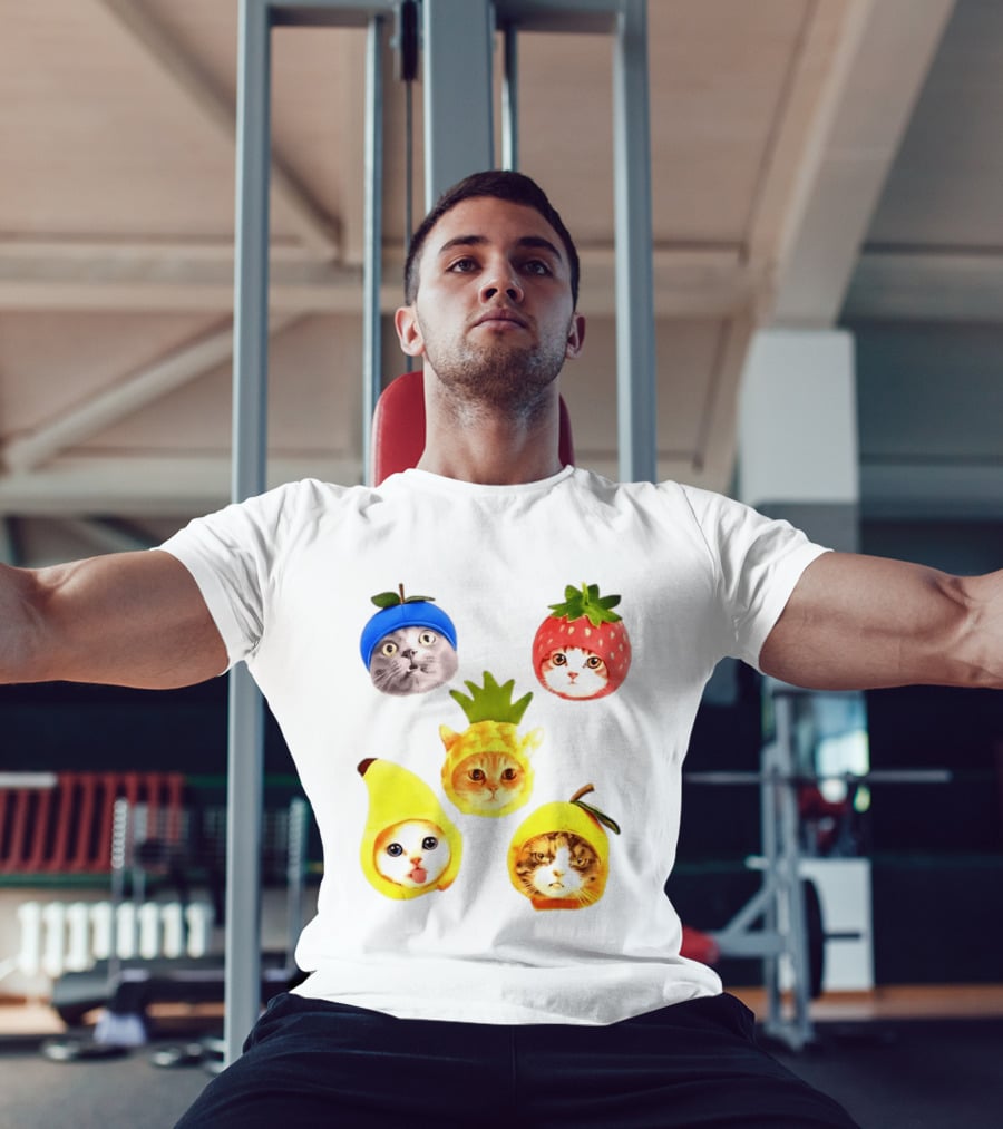 Whimsical Cats In Fruit Hats Blueberry Strawberry Pineapple Banana Apple T-Shirt