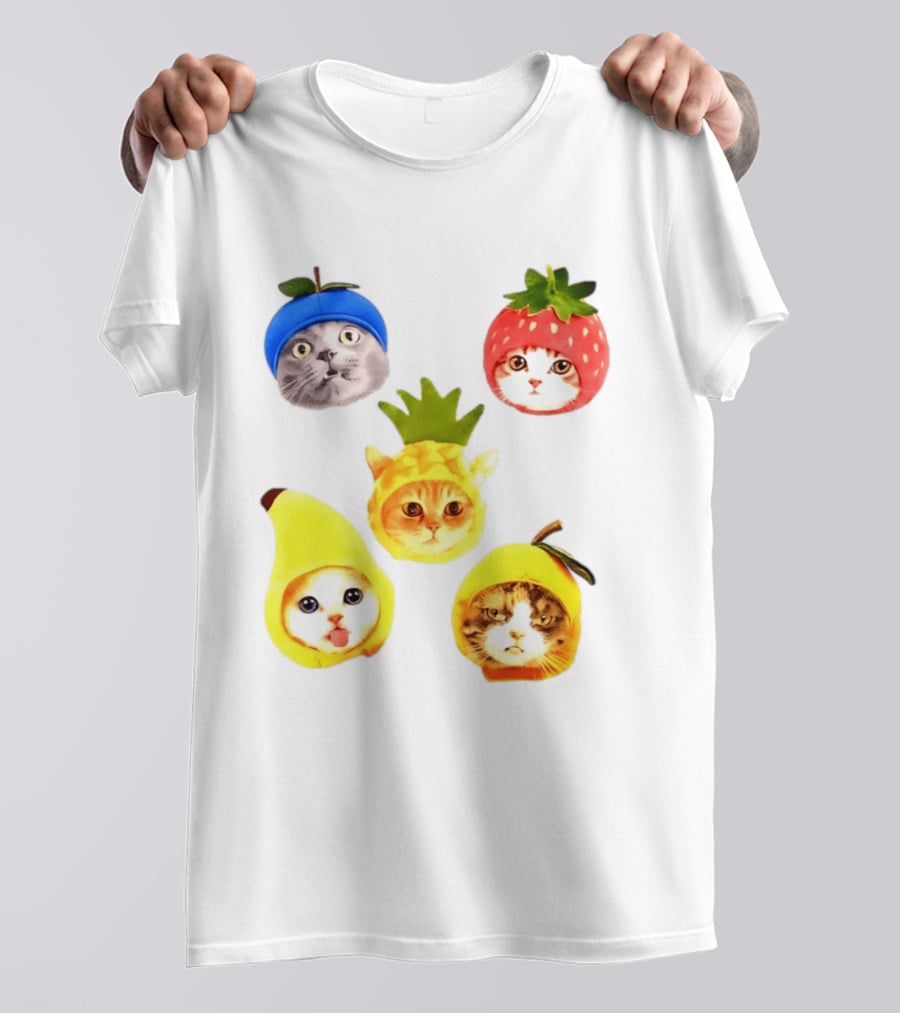 Whimsical Cats In Fruit Hats Blueberry Strawberry Pineapple Banana Apple T-Shirt