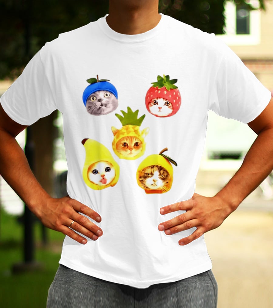 Whimsical Cats In Fruit Hats Blueberry Strawberry Pineapple Banana Apple T-Shirt