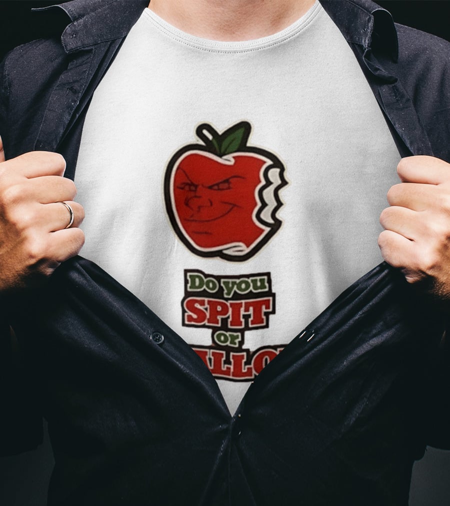 Do You Spit Or Swallow Question With Grinning Apple Bite T-Shirt