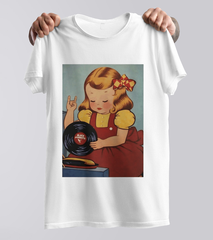 Girl Holding Black Sabbath Vinyl Heavy Metal T-Shirt