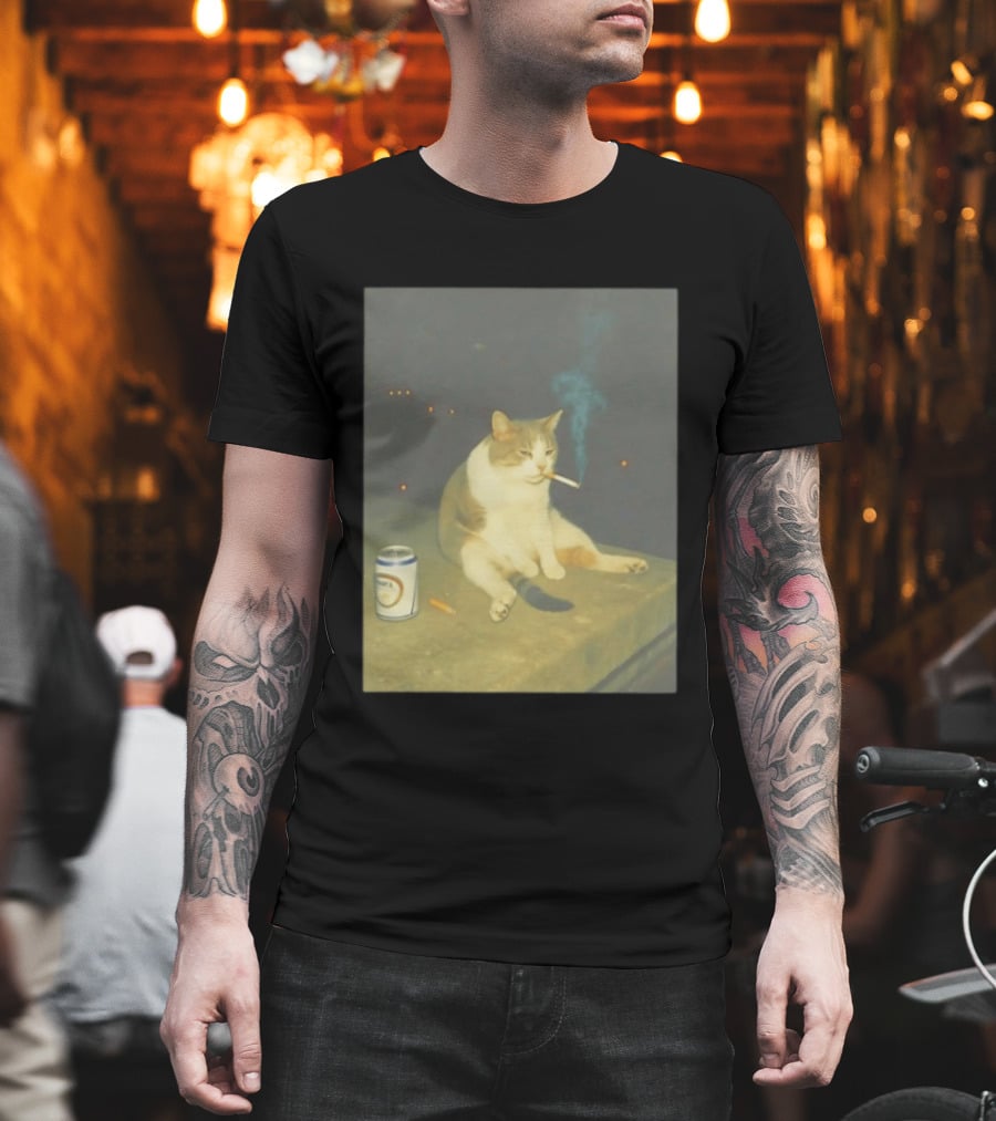 Depressed Cat Smoking Cigarette Meme With Beer Can T-Shirt