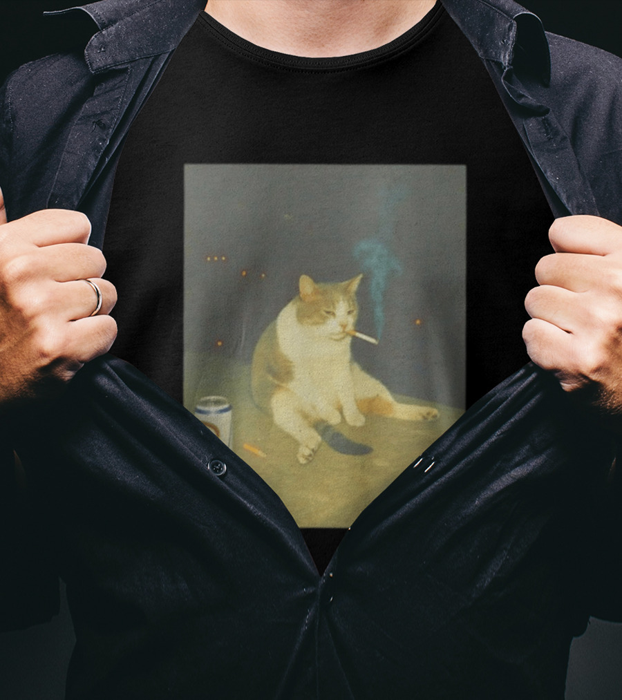 Depressed Cat Smoking Cigarette Meme With Beer Can T-Shirt