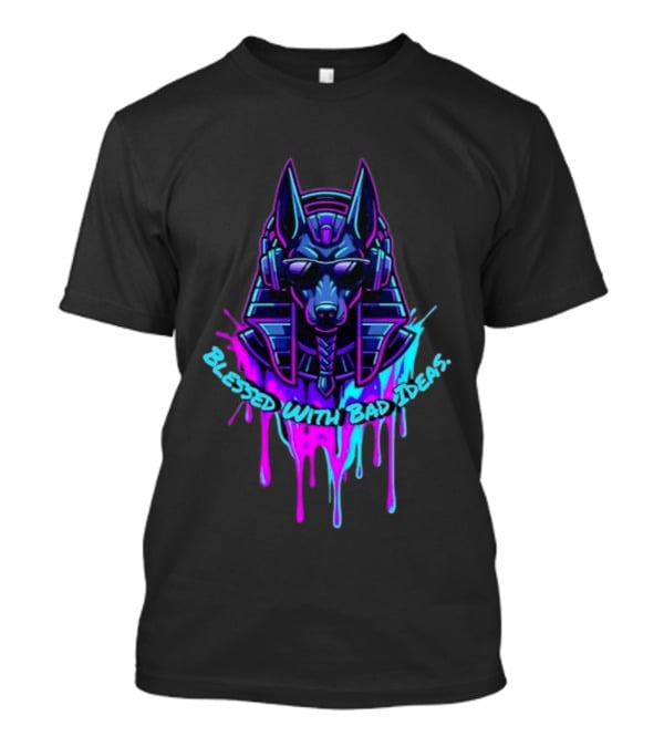 Blessed With Bad Ideas Anubis Headphones Neon Egyptian Mythology T-Shirt