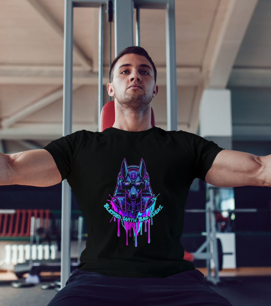 Blessed With Bad Ideas Anubis Headphones Neon Egyptian Mythology T-Shirt