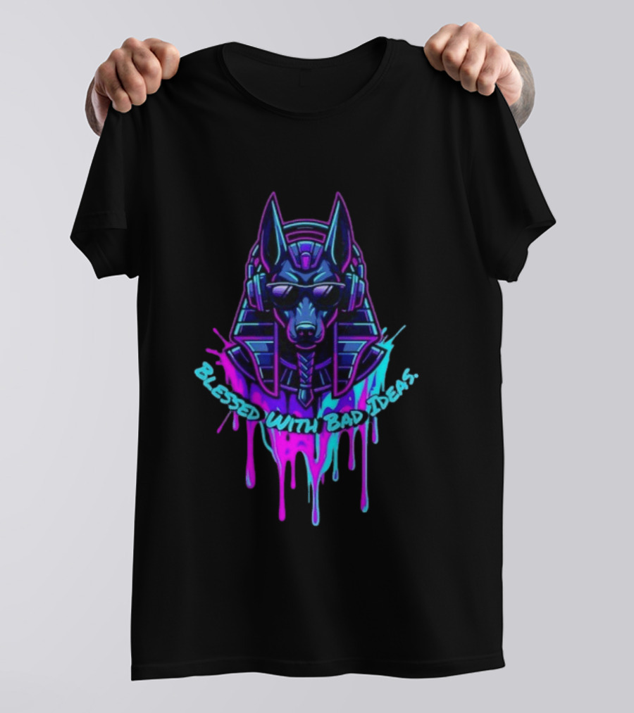 Blessed With Bad Ideas Anubis Headphones Neon Egyptian Mythology T-Shirt
