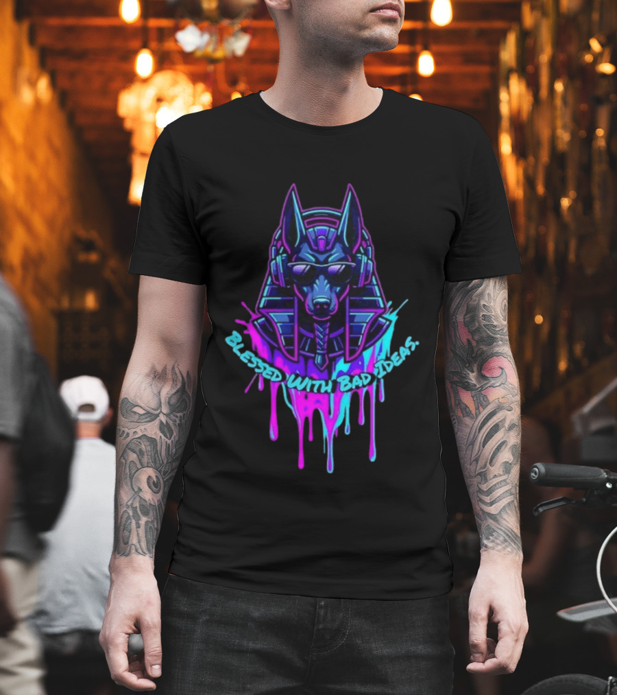 Blessed With Bad Ideas Anubis Headphones Neon Egyptian Mythology T-Shirt
