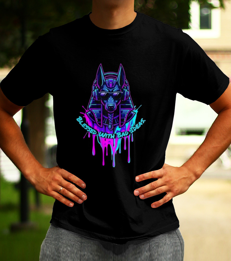 Blessed With Bad Ideas Anubis Headphones Neon Egyptian Mythology T-Shirt
