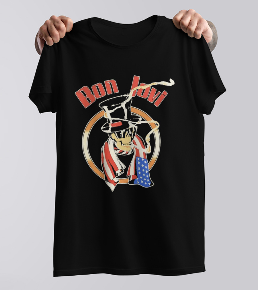 Bon Jovi American Skull With Patriotic Top Hat And Flag Scarf T-Shirt