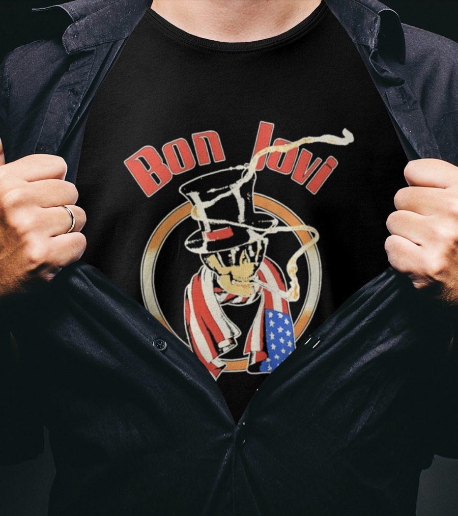 Bon Jovi American Skull With Patriotic Top Hat And Flag Scarf T-Shirt