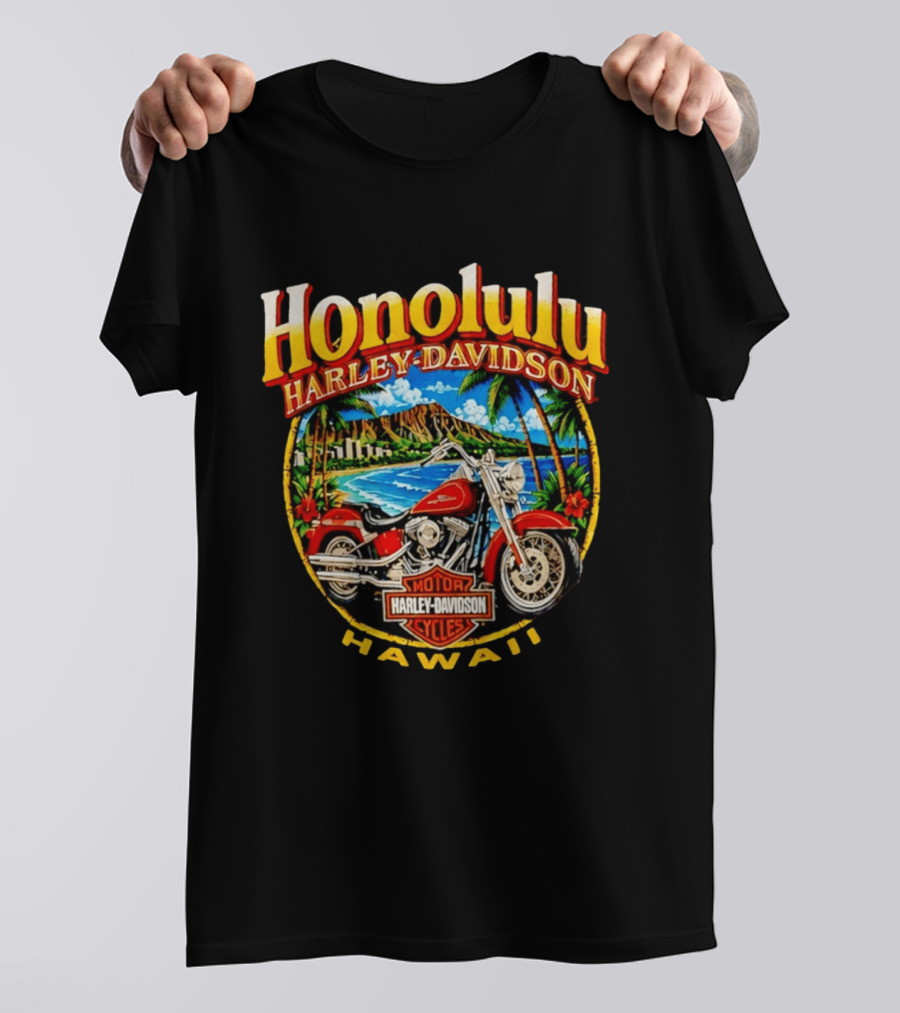 Honolulu Hawaii Harley Davidson Motorcycles Scenic Beach And Red Bike T-Shirt