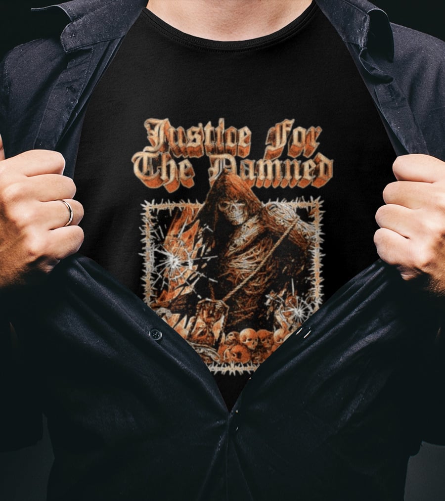 Justice For The Damned Grim Reaper Scorpion Skeleton Skulls T-Shirt