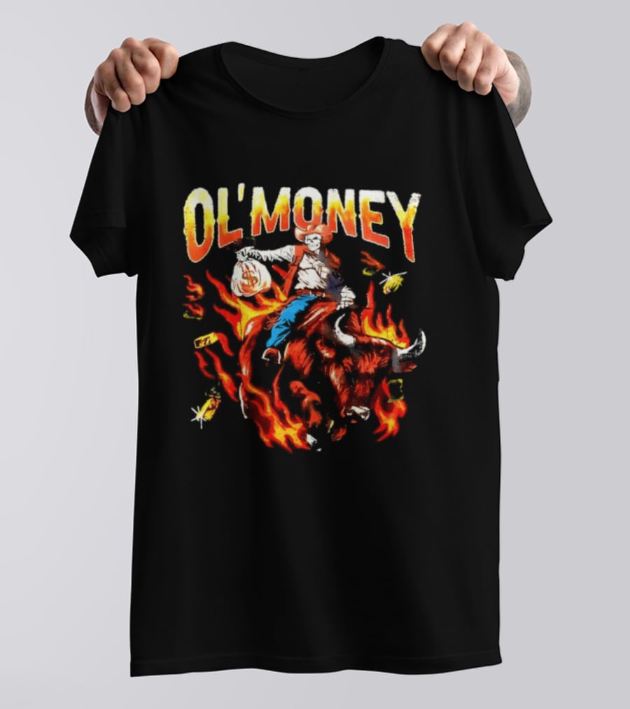 Ol' Money RSN Brand Skeleton Cowboy Riding Flaming Bull T-Shirt