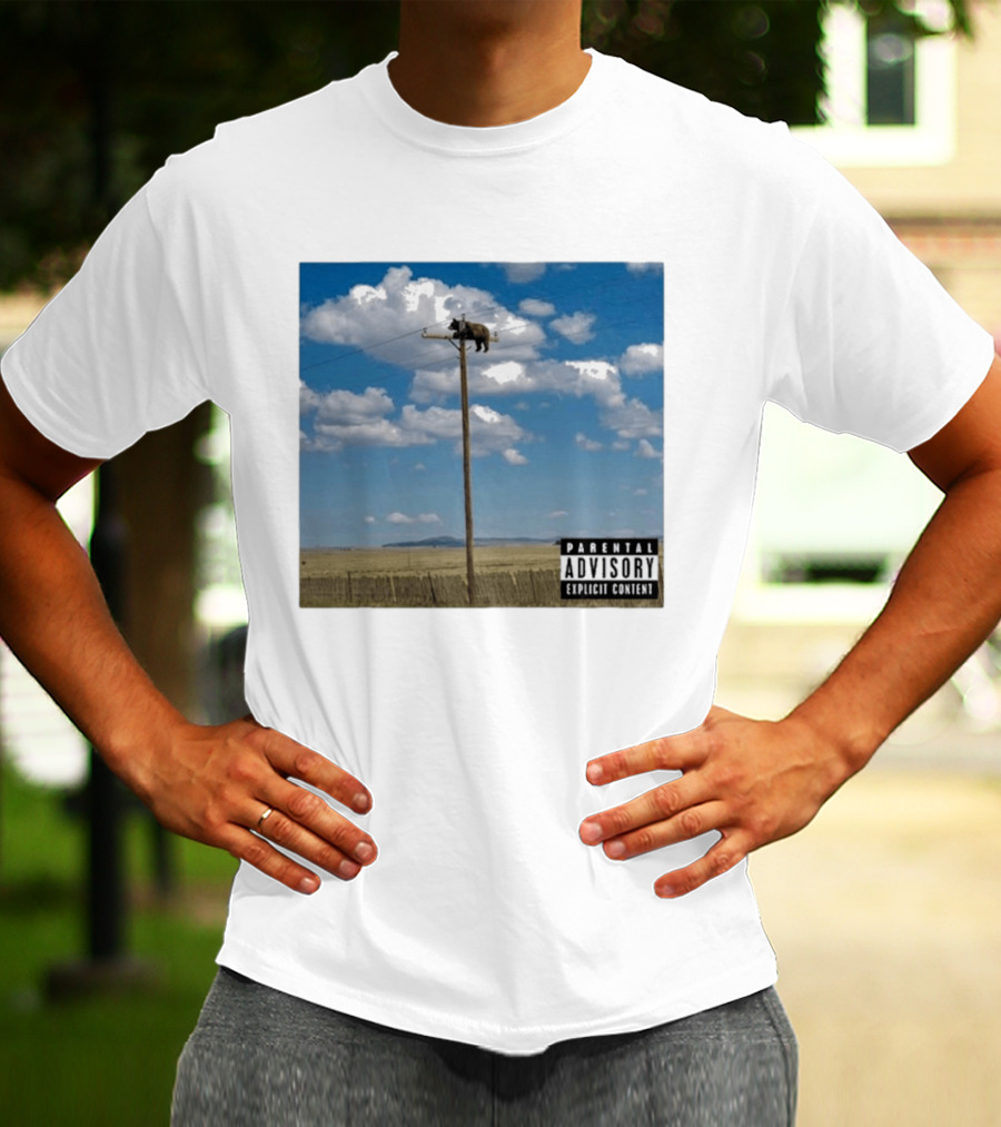 Bear On Top Of The Light Pole Parental Advisory Explicit Content Clouds Sky T-Shirt