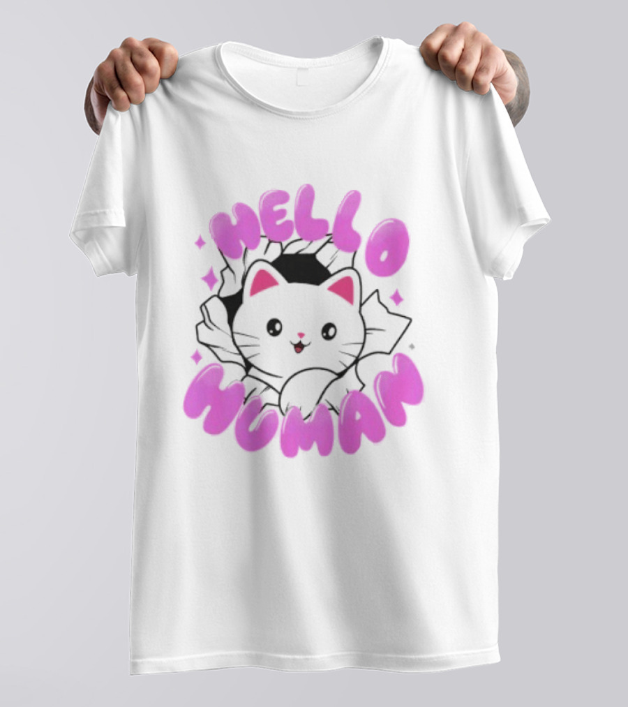 Hello Human Kawaii Cat Kitten Cute Pink T-Shirt