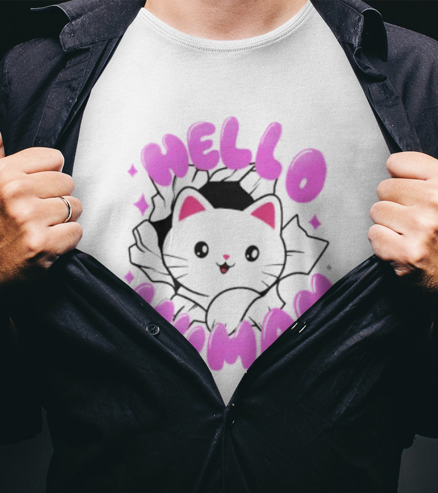 Hello Human Kawaii Cat Kitten Cute Pink T-Shirt