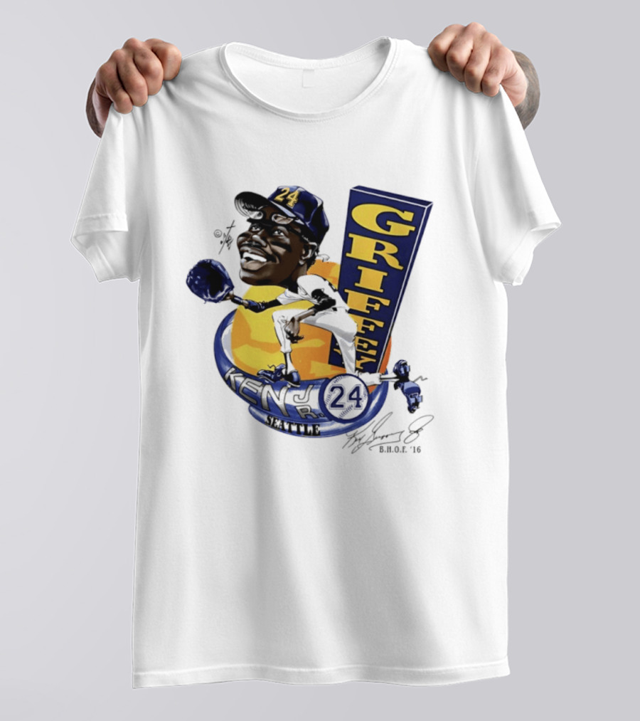 Ken Griffey Jr 24 Seattle Baseball Caricature Bruce Stark Signature T-Shirt