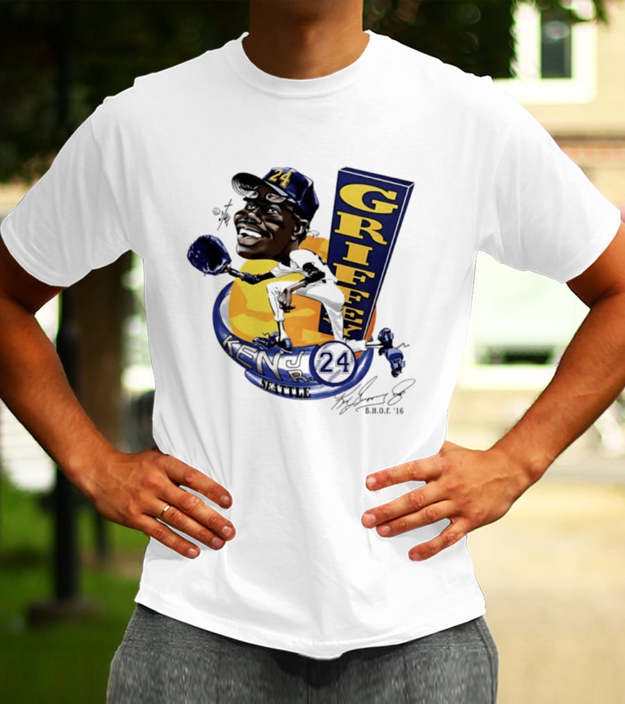 Ken Griffey Jr 24 Seattle Baseball Caricature Bruce Stark Signature T-Shirt